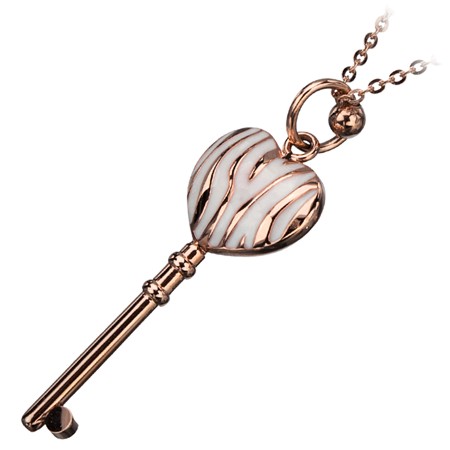 Rose Gold Plated Heart Key w/White Resin and Chain - Click Image to Close